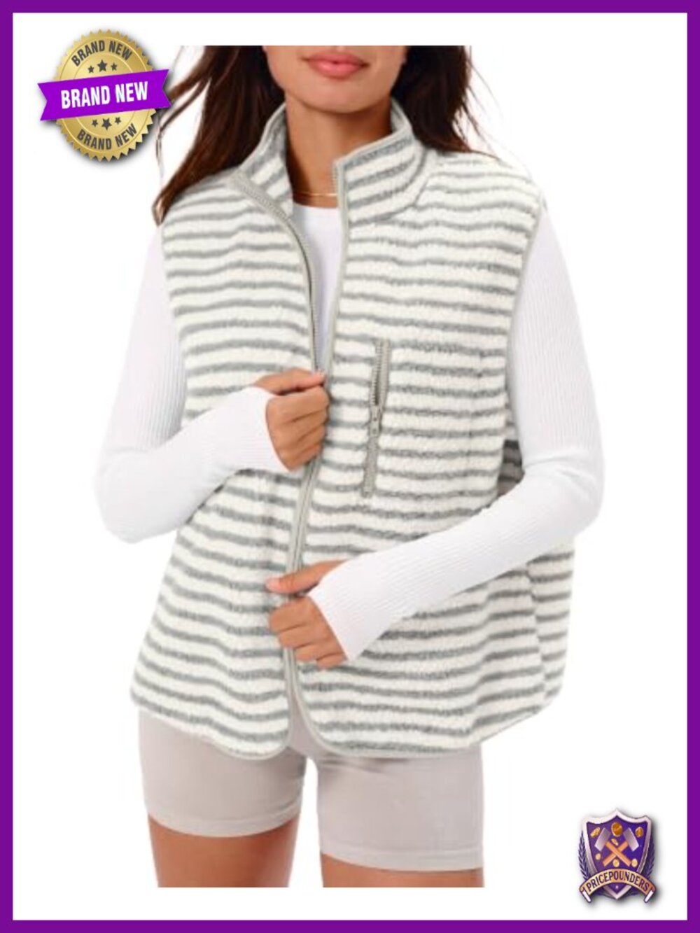 Sherpa Fleece Striped Vest Stand Collar Sleeveless Zip Jacket